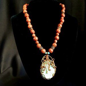 Hand Crafted Artisan Goldstone Turquoise Copper  Necklace and Earring Set